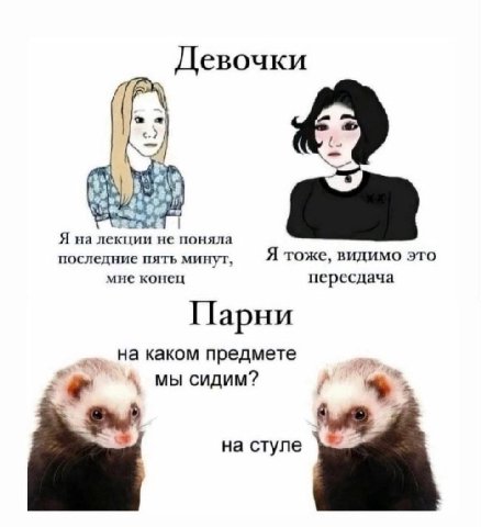 Девочки Я на лекции не поняла последние пять минут, Я тоже, видимо это мне конец пересдача Парни На каком предмете 4 мы сидим? 4 на стуле
