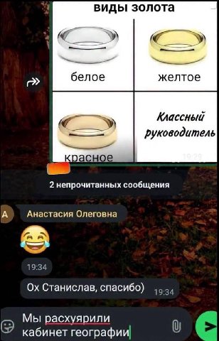 виды золота У) белое желтое Классный руководитель НОЕ 2 непрочитанных сообщения А Анастасия Олеговна 19:34 Станислав, спасибо) 19:34 Мы расхуярили кабинет географии о