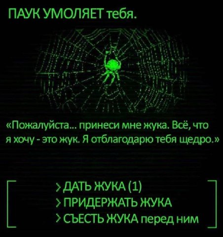 ПАУК УМОЛЯЕТ тебя. «Пожалуйста... принеси мне жука. Всё, что я хочу это жук. Я отблагодарю тебя щедро.» ДАТЬ ЖУКА (1) ПРИДЕРЖАТЬ ЖУКА СЪЕСТЬ ЖУКА перед ним