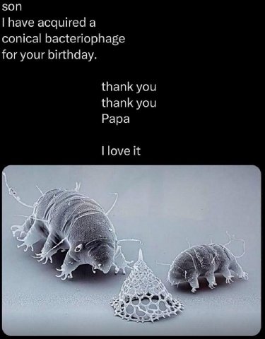son have acquired a conical bacteriophage for your birthday. thank you thank you Papa love it 4