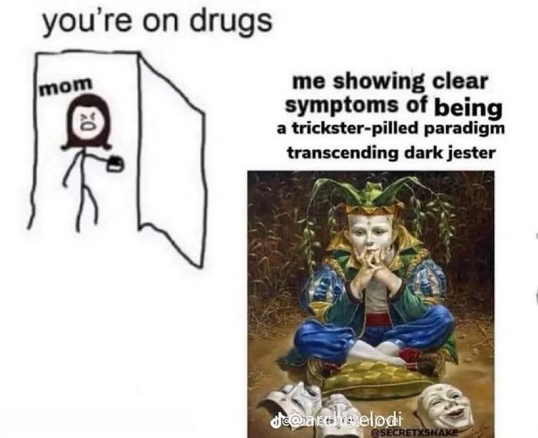 youre on drugs mom me showing clear symptoms of being a trickster-pilled paradigm transcending dark jester jodi