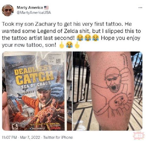 Marty America @MartyAmericaUSA Took my son Zachary to get his very first tattoo. He wanted some Legend of Zelda shit, but slipped this to the tattoo artist last second! Hope you enjoy your new tattoo,