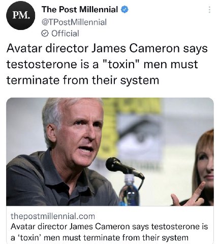 The Post Millennial @TPostMillennial Official Avatar director James Cameron says testosterone is a "toxin" men must terminate from their system У thepostmillennial.com Avatar director James Cameron sa