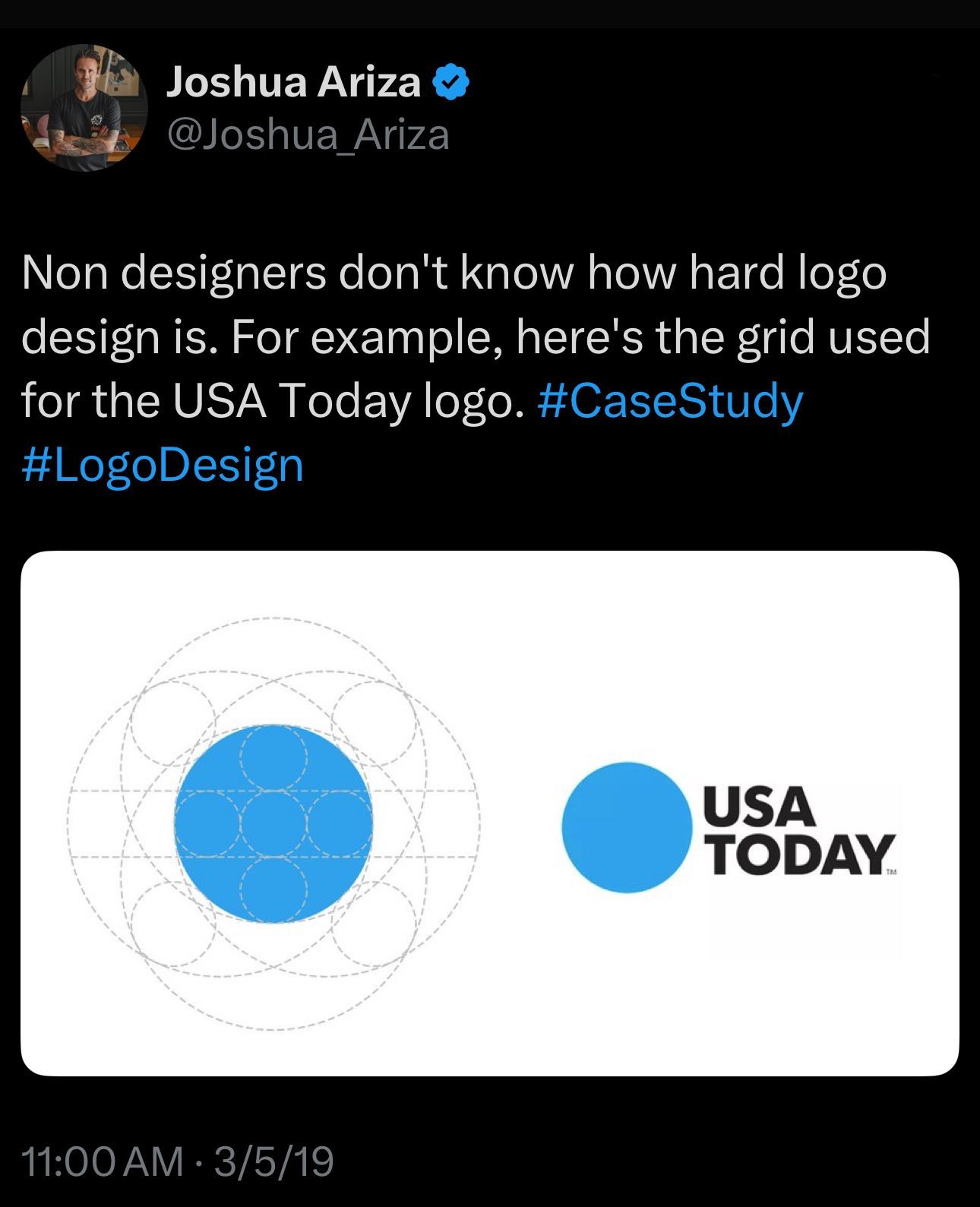 Joshua Ariza @Joshua Ariza Non designers don't know how hard logo design is. For example, here's the grid used for the USA Today logo. #CaseStudy #LogoDesign USA TODAY.