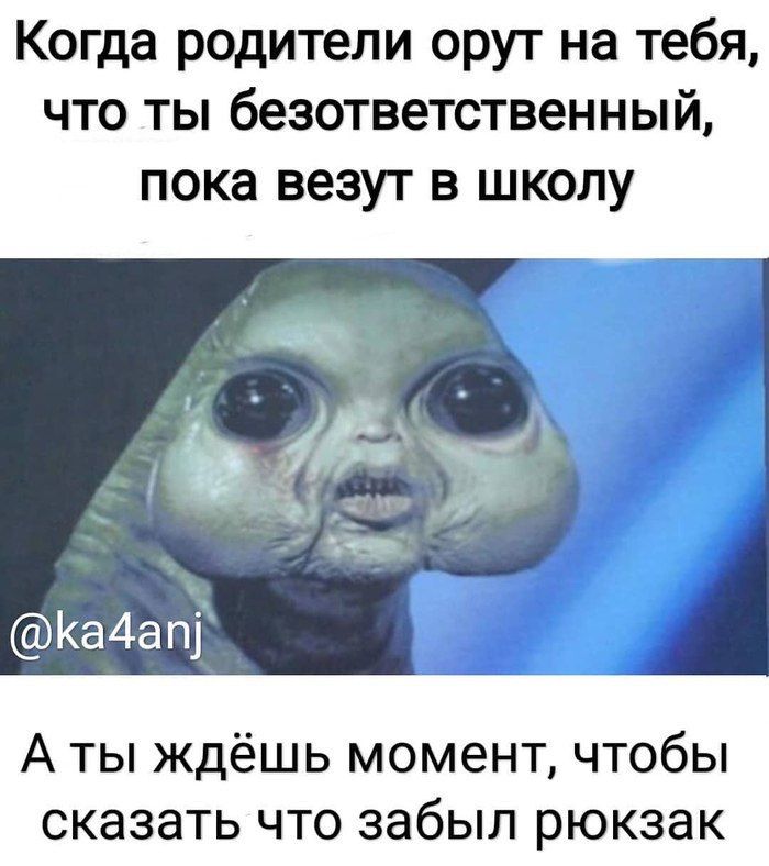 Когда родители орут на тебя, что ты безответственный, пока везут в школу @ka4anj A ты ждёшь момент, чтобы сказать что забыл рюкзак
