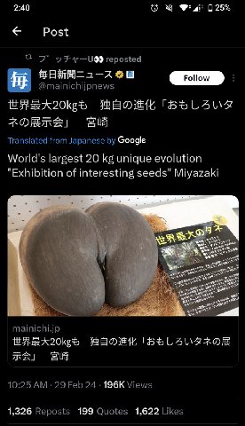 2:40 025% Post 7 reposted @mainichijpnews Translated from Japanese Google World's largest 20 unique evolution "Exhibition of interesting seeds" Miyazaki mainichi.jp 10:25 29 Feb 24 Views 1,326 Reposts