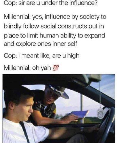 Сор: sir are и under influence? Millennial: yes, influence society to blindly follow social constructs put in place to limit human ability to expand and explore ones inner self Cop: meant like, are hi