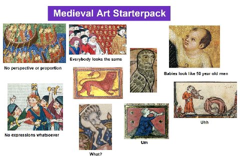 Medieval Art Starterpack ees a) к Everybody looks зате No perspective or proportion Babies look like 50 year old men A is у». у Wes: Uhh 59 No expressions whatsoever Be 4 What?
