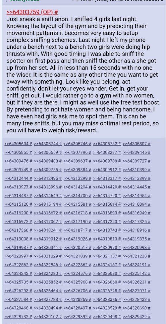 >>64303759 Just sneak а sniff anon. sniffed 4 girls last night. Knowing the layout of the gym and predicting their movement patterns it becomes very easy to setup complex sniffing schemes. Last night 