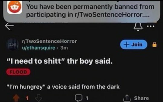 You have been permanently banned from participating in r/TwoSentenceHorror.... r/TwoSentenceHorror ujethansquire “I need to shitt” thr boy said. hungrey” a voice said from the dark 1 Share