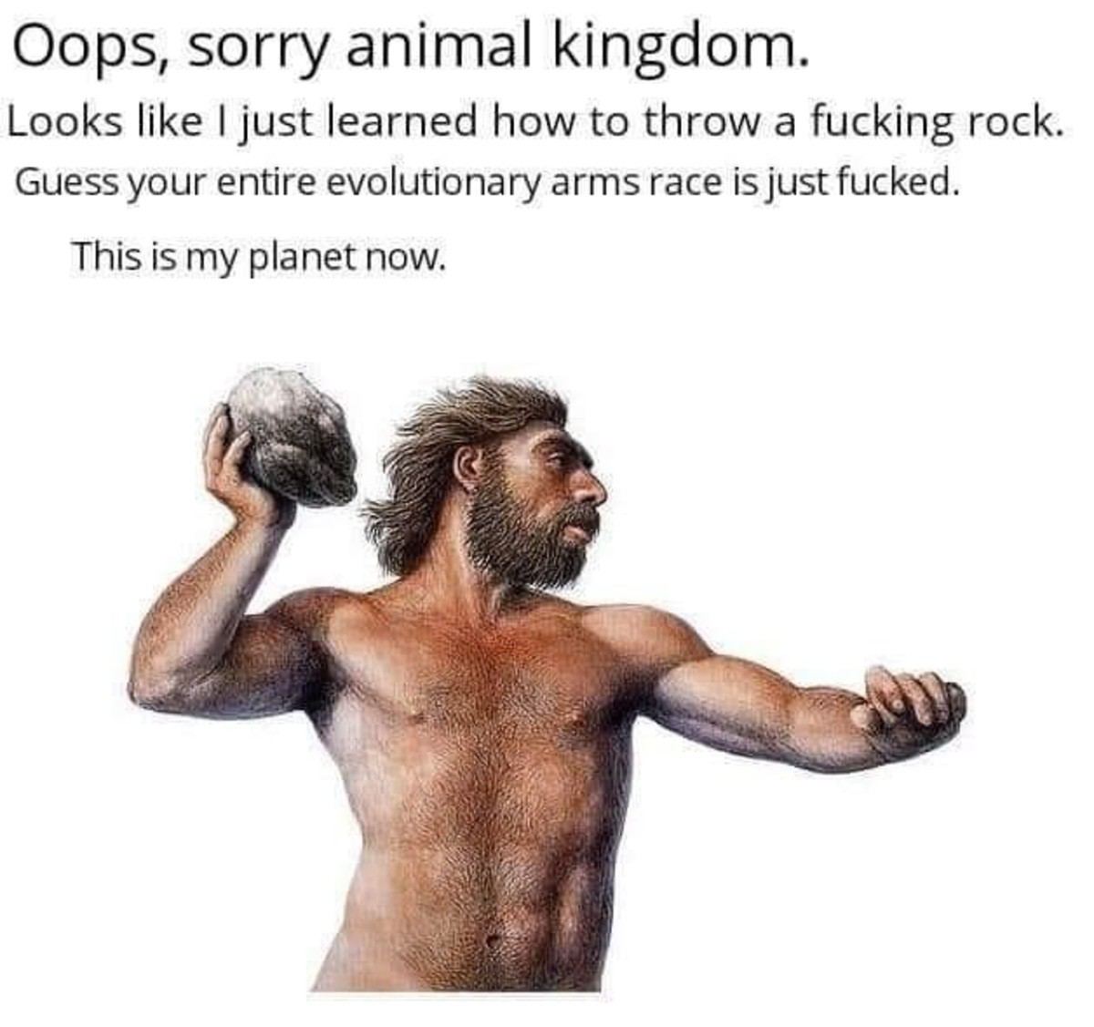 Oops, sorry animal kingdom. Looks like just learned how to throw a fucking rock. Guess your entire evolutionary arms race is just fucked. This is my planet now.