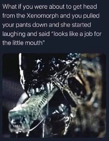 What if you were about to get head from the Xenomorph and you pulled your pants down and she started laughing and said “looks like a job for the little mouth" a. a4 у