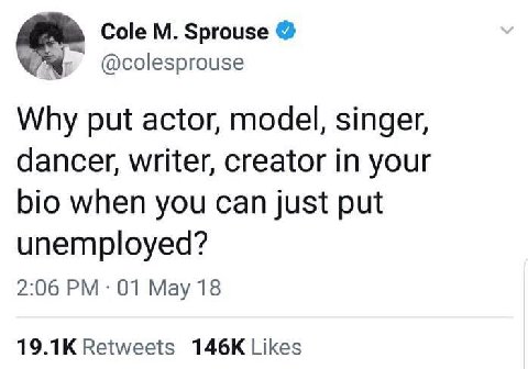 Cole Sprouse @colesprouse Why put actor, model, singer, dancer, writer, creator in your bio when you can just put unemployed? 2:06 01 May 18 Retweets Likes