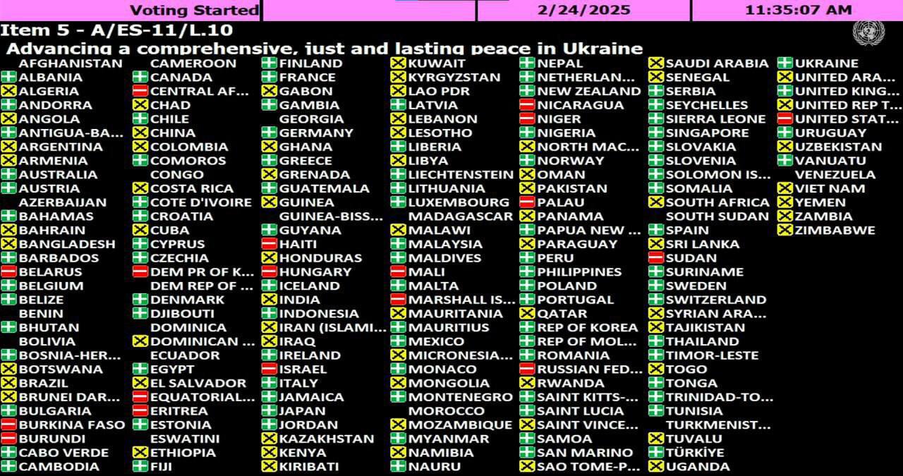 Voting 2/24/2025 11:35:07 Item 5 A/ES-11/L.10 Advancing a comprehensive. tust and lasting peace in Ukraine AFGHANISTAN CAMEROON FINLAND НЕ NEPAL EASAUDI ARABIA ALBANIA He CANADA FRANCE НЕ NETHERLAN...
