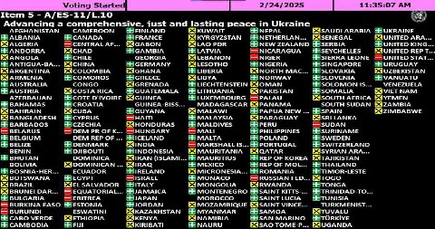 Voting 2/24/2025 11:35:07 Item 5 A/ES-11/L.10 Advancing a comprehensive. tust and lasting peace in Ukraine AFGHANISTAN CAMEROON FINLAND НЕ NEPAL EASAUDI ARABIA ALBANIA He CANADA FRANCE НЕ NETHERLAN...