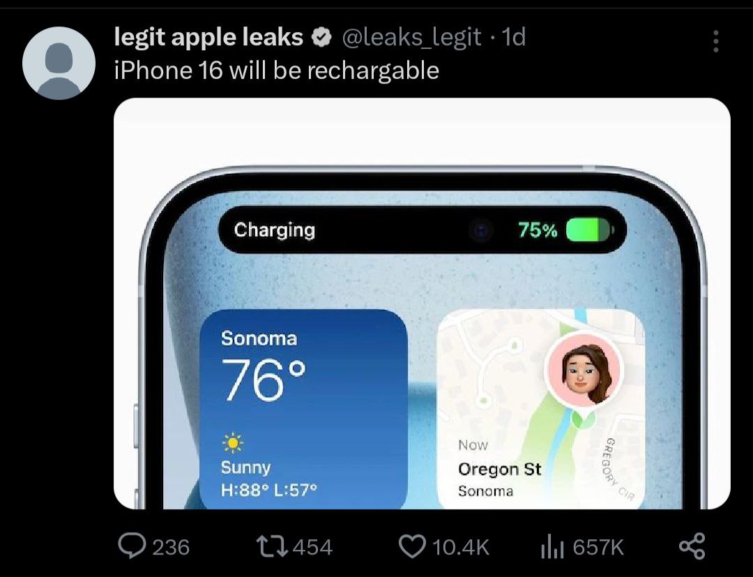 legit apple leaks @leaks legit 19 iPhone 16 will be rechargable Charging 75% Sonoma Sunny Oregon Зопота 236 11454 Ни