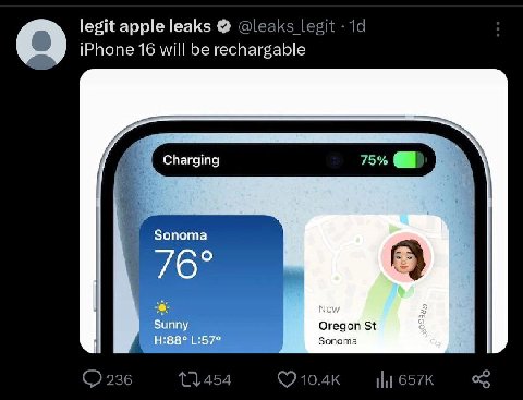 legit apple leaks @leaks legit 19 iPhone 16 will be rechargable Charging 75% Sonoma Sunny Oregon Зопота 236 11454 Ни