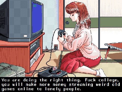 я You doing the thing. Fuck college, you will make more money streaming weird old games online to lonely people