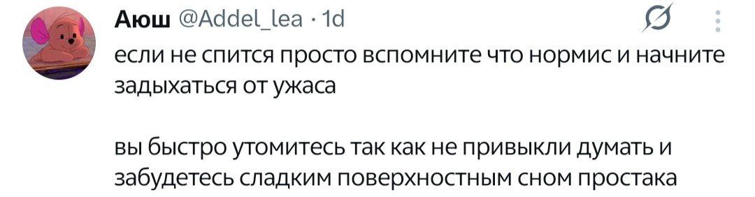 Аюш @Addel lea если не спится просто вспомните что нормис и начните задыхаться от ужаса ВЫ быстро утомитесь так как не привыкли думать и забудетесь сладким поверхностным сном простака