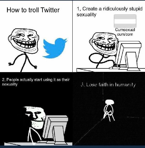 How to troll Twitter 1, Create a ridiculously stupid sexuality Cumsexual cum/com 2, People actually start using it as their sexuality 3. Lose faith in humanity