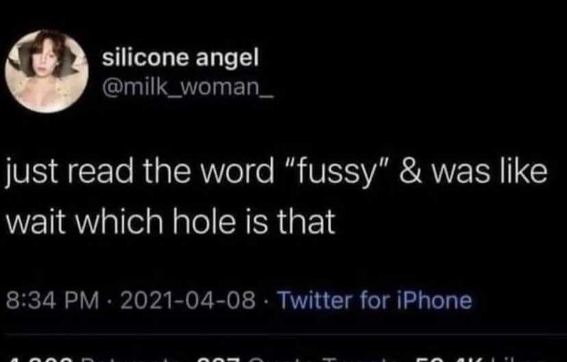 silicone angel just read the word “fussy” was like wait which hole is that 8:34 2021-04-08 Twitter for iPhone
