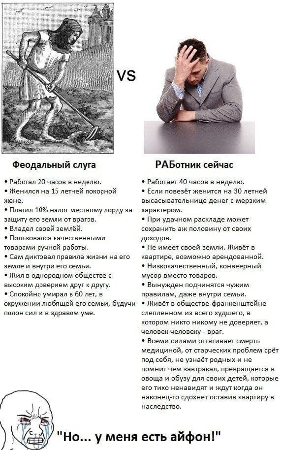 Я 7 Феодальный слуга РАБотник сейчас Работал 20 часов в неделю. Работает 40 часов в неделю. Женился на 15 летней покорной Если повезёт женится на 30 летней жене. высасывательнице денег с мерзким Плати