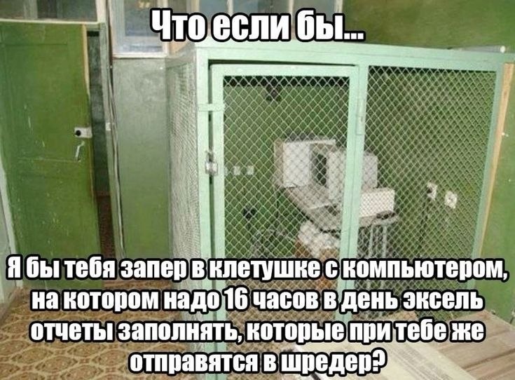 Я бы тебя запер вклетушке с компьютером, на котором часов в день эксель отчеты заполнять, которыепритебе отправятся в