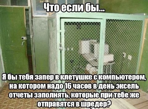 Я бы тебя запер вклетушке с компьютером, на котором часов в день эксель отчеты заполнять, которыепритебе отправятся в