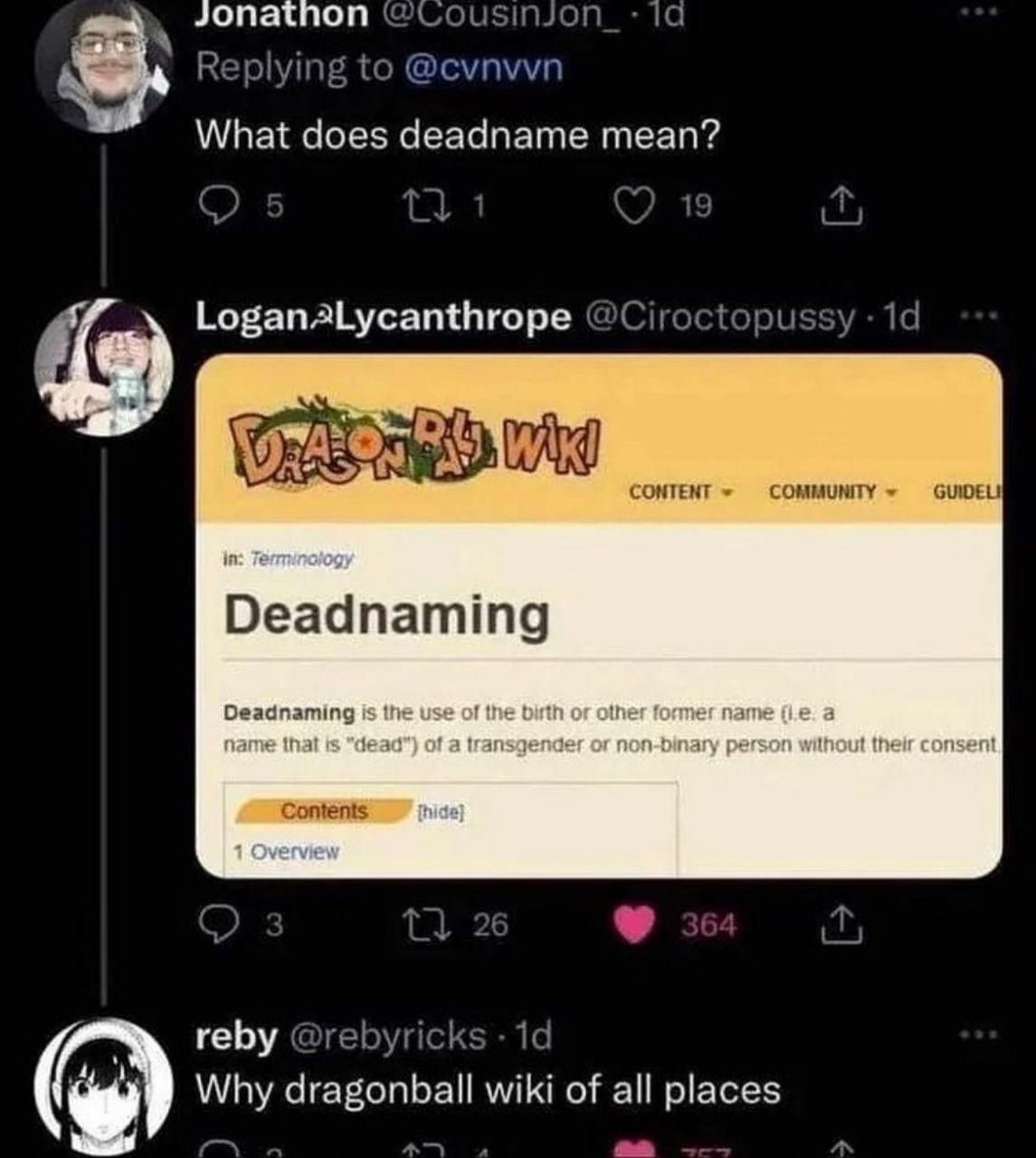 Jonathon plying to @cvnvvn What does deadname mean? СОНТЕНТ COMMUNITY Deadnaming Contents reby @rebyricl of all places