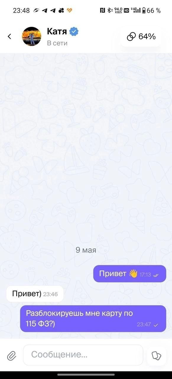 23:48 4487 740 66 Катя 64% В сети 9 мая Привет) 23:46 Разблокируешь мне карту по 115 Сообщение...