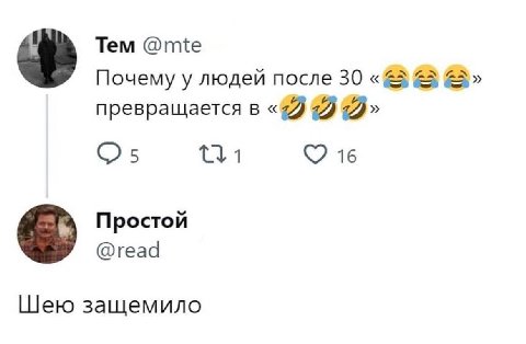 Тем @mte Почему у людей после 30 превращается в 16 Простой @read Шею защемило