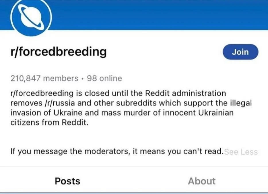 r/forcedbreeding 210,847 members 98 online r/forcedbreeding is closed until the Reddit administration removes /r/russia and other subreddits which support the illegal invasion of Ukraine and mass murd