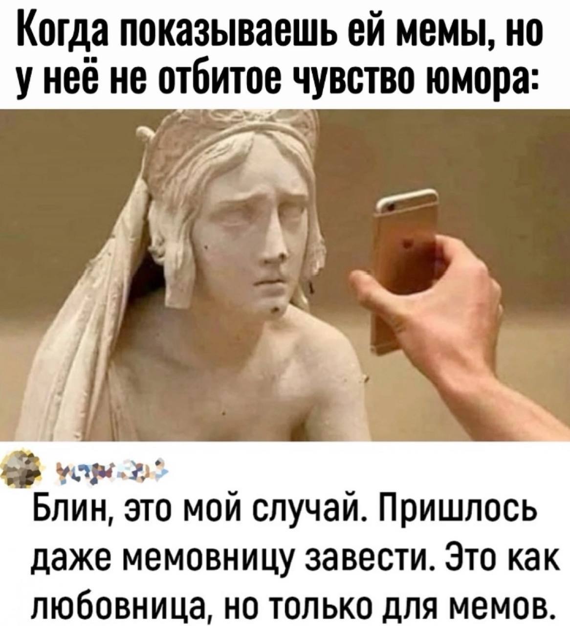 Когда показываешь мемы, но у неё не отбитое чувство юмора: 9 я 1 7 1 Блин, это мой случаи. Пришлось даже мемовницу завести. Это как любовница, но только для мемов.