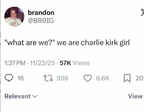 brandon @BROIG "what are we?" we are charlie kirk girl 1:37 11/23/25 Views 16 11 896 66к 20 Relevant View