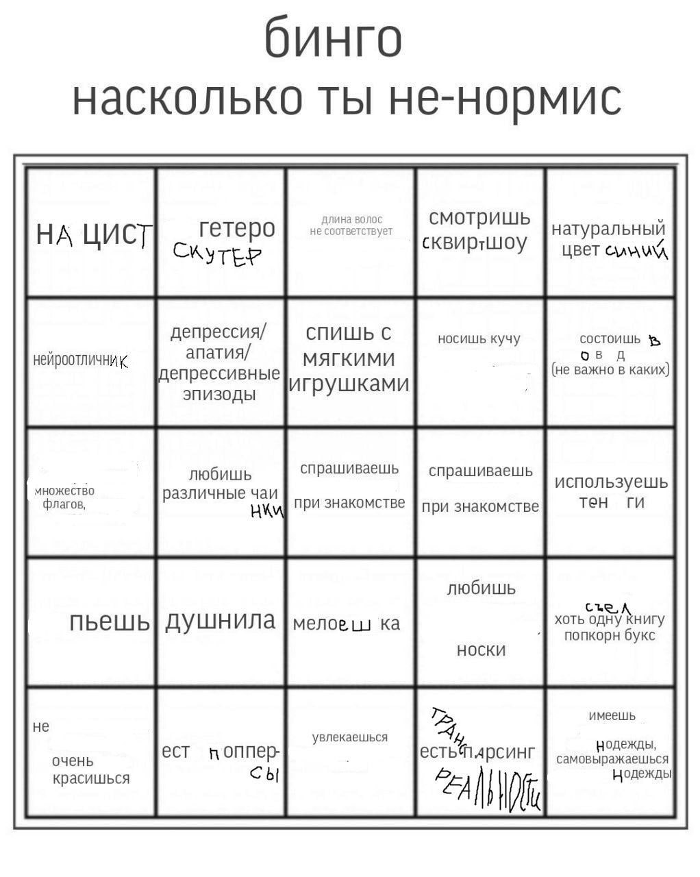 бинго насколько ты не-нормис He от смотришь твует натуральный сквирчшоу цвет депрессия/ СПИШЬ С носишь кучу состоишь апатия/ МЯГКИМИ депрессивные (не важно в каких) игрушками эпизоды любишь спрашиваеш