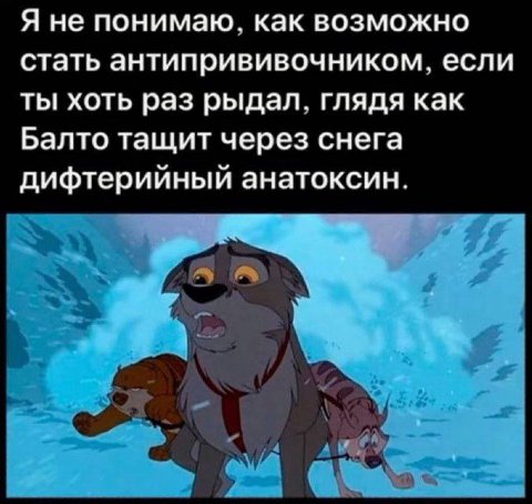 Я не понимаю, как возможно стать антипрививочником, если ты хоть раз рыдал, глядя как Балто тащит через снега дифтерийный анатоксин.