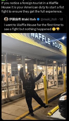 If you notice a foreign tourist a Waffle House it is your American duty to start a fist fight to ensure they get the full experience. Maki Itoh @maki Кой went to Waffle House for the first time to see
