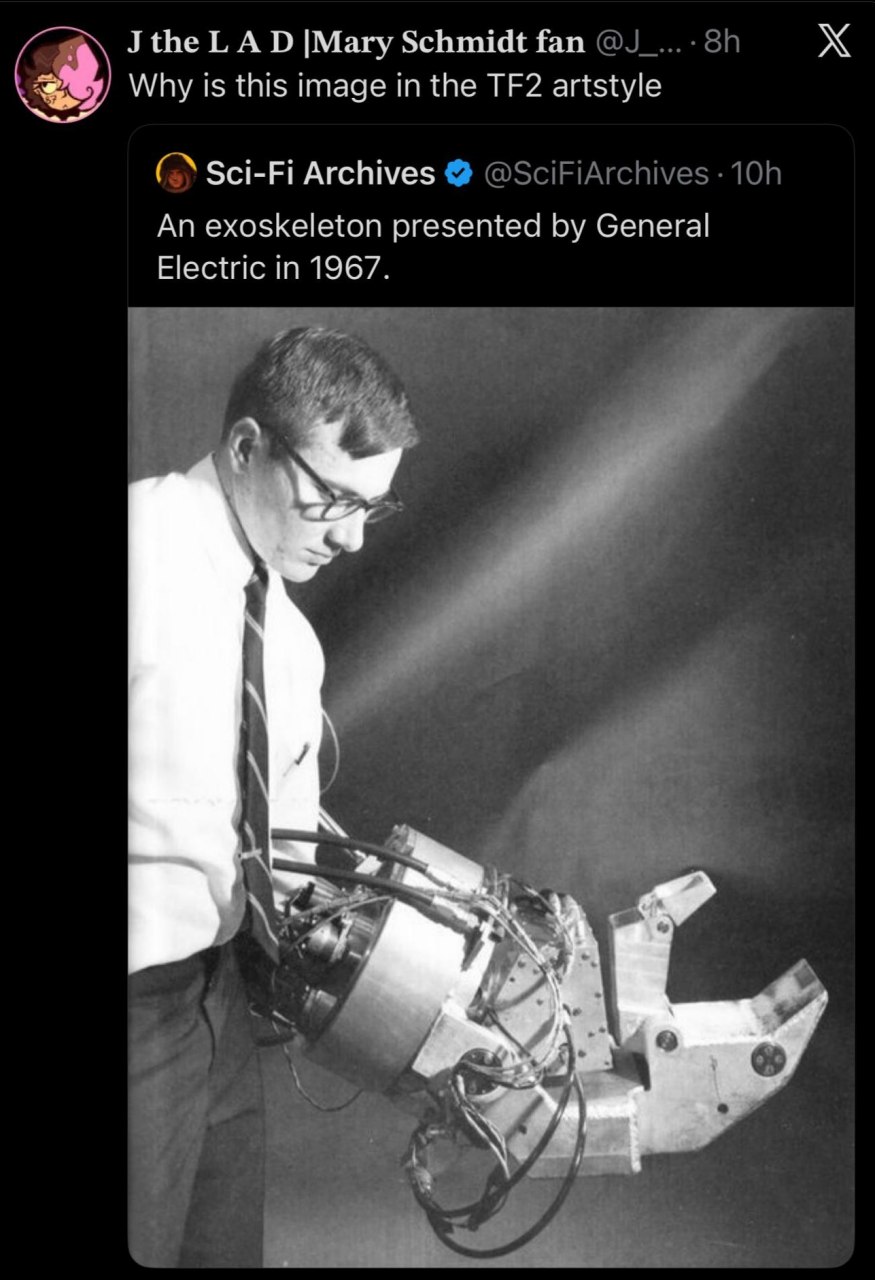the А |Магу Schmidt fan Why is this image in the artstyle Sci-Fi Archives @SciFi/ An exoskeleton presented General Electric in 1967. +4