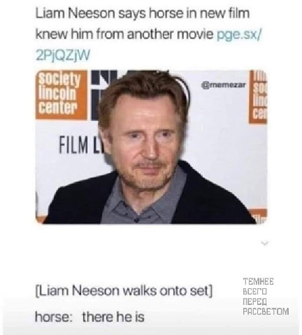 Liam Neeson says horse in new film knew him from another томе рае @memezar FILM ТЕМНЕЕ [Liam Neeson walks onto set] ВСЕГО ПЕРЕД РАССВЕТОМ horse: there he is