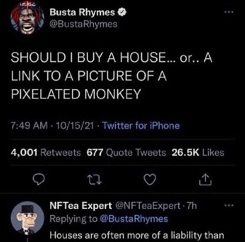 Busta Rhymes SHOULD BUY А HOUSE... А LINK TOA PICTURE OF A PIXELATED MONKEY 4.001 677 26.5К МЕТеа Expert Houses are often more of a liability than