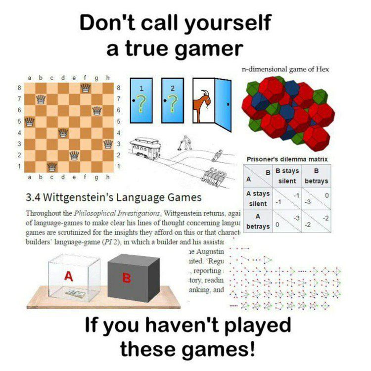 Don't call yourself a true gamer n-dimensional game of Hex шим Prisoner's dilemma matrix в Bstays А silent betrays 3.4 Wittgenstein's Language Games A stays silent 1 1 3 0 Throughout Philosophical Inv