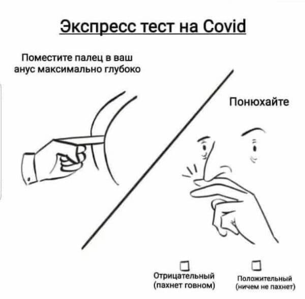 Экспресс тест на Covid Поместите палец в ваш анус максимально глубоко Понюхайте Отрицательный Положительный (пахнет говном) (ничем не пахнет)