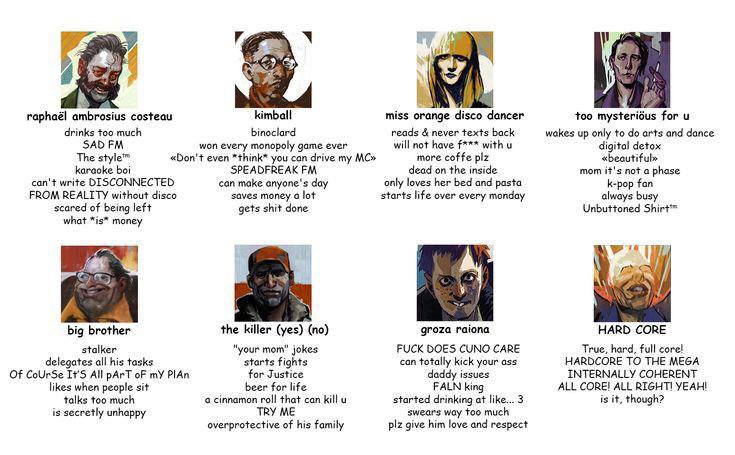 Я 3 raphaél ambrosius costeau kimball miss orange disco dancer too mysteriéus for и drinks too much binoclard reads never texts back wakes up only to arts and dance SAD won every monopoly game ever wi