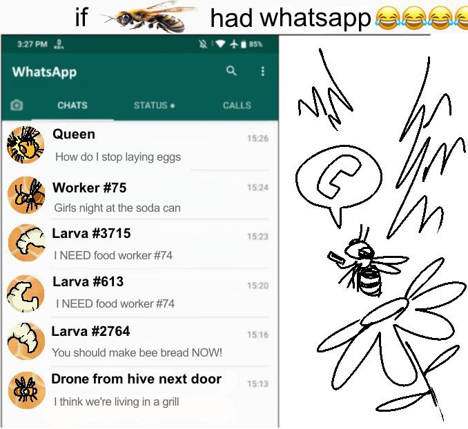 if had ‚0. WhatsApp CHATS STATUS CALLS Queen How stop laying eggs Worker #75 rik Girls night at the soda can Larva #3715 NEED food worker #74 Larva #613 NEED food worker #74 Larva #2764 You should mak