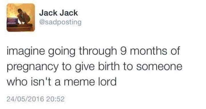 Jack Jack @sadposting imagine going through 9 months of pregnancy to give birth to someone who isn't а тете lord 24/05/2016 20:52