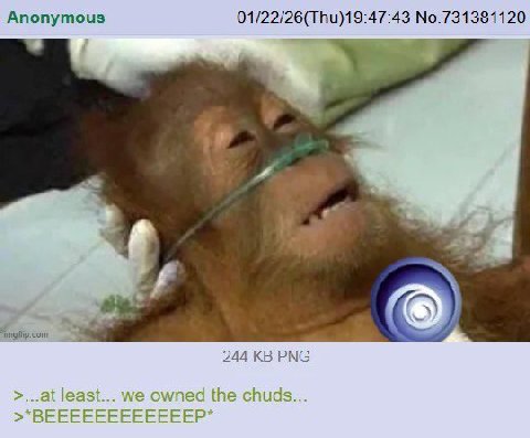 Anonymous 01/22/26(Thu)19:47:43 A 244 РМС >...at least... we owned the chuds... >*BEEEEEEEEEEEEP*