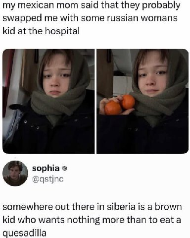 my mexican mom said that they probably swapped me with some russian womans kid at the hospital sophia @qstjnc somewhere out there in siberia is a brown kid who wants nothing more than to eat a quesadi