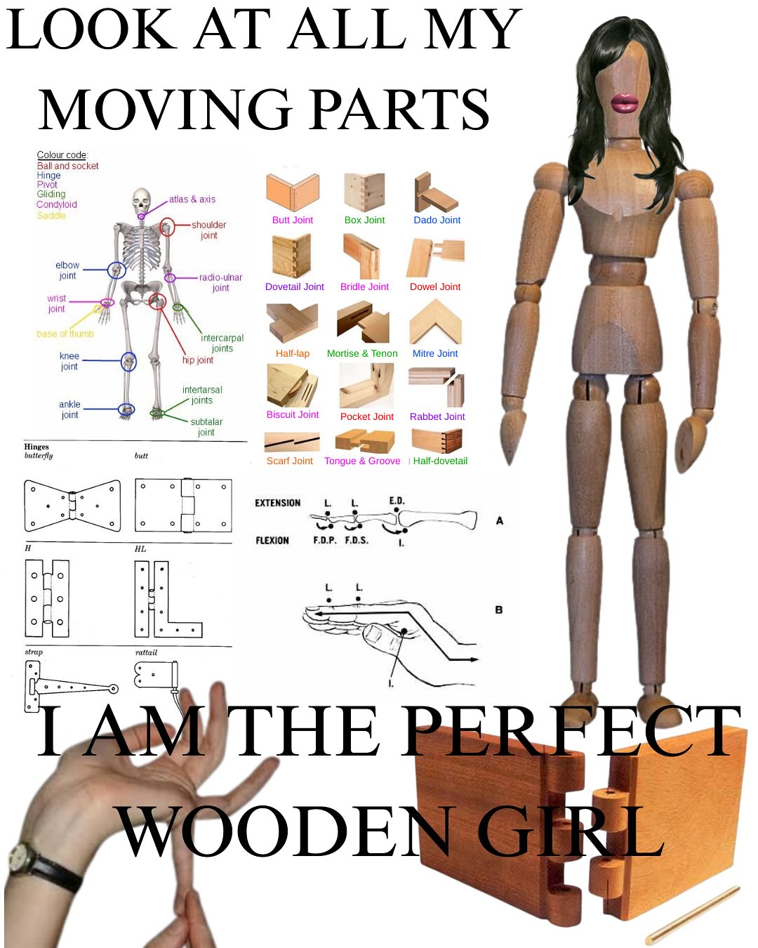LOOK AT ALL MOVING PARTS A, Colour code: Ball and socket Hinge Pivot Giiding Condyloid atlas axis i Butt Joint Box Joint Dado Joint shoulder joint elbow joint Dovetail Joint Bridle Joint Dowel Joint j