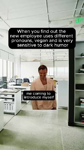 new employee uses different pronouns, vegan and is very sensitive to dark humor —-- ы introduce myself
