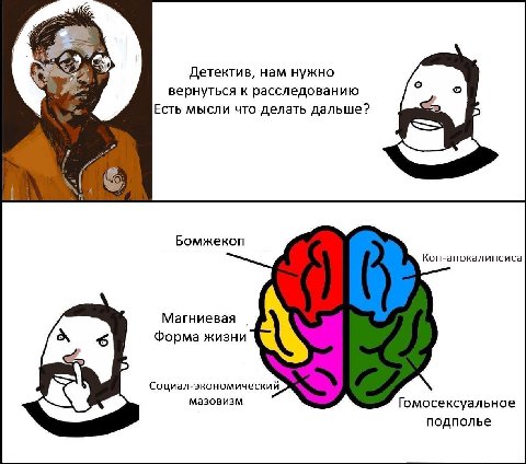 4 Детектив, нам нужно вернуться к расследованию о Есть мысли что делать дальше? 5 Бомжекоп Коп-апокалипсиса Магниевая А Форма жизни Социал-экономический мазовизм Гомосексуальное подполье